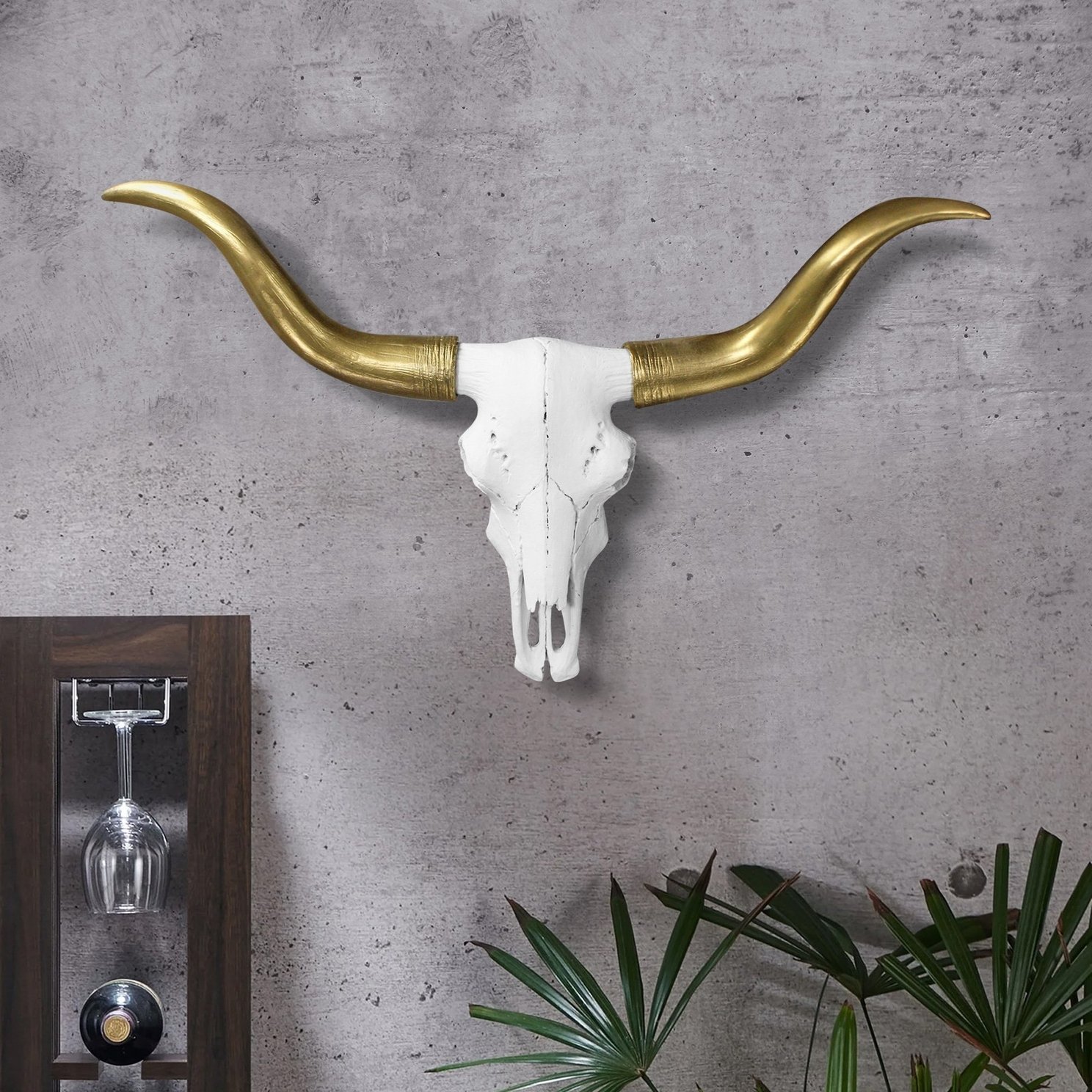 The Austin Large White + Gold Longhorn Cow Skull