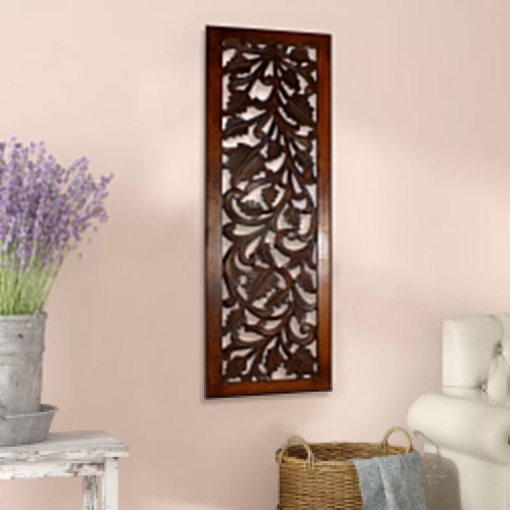 Mango Wood Wall Panel Hand Crafted With Leaves And Scroll Work Motif, Brown