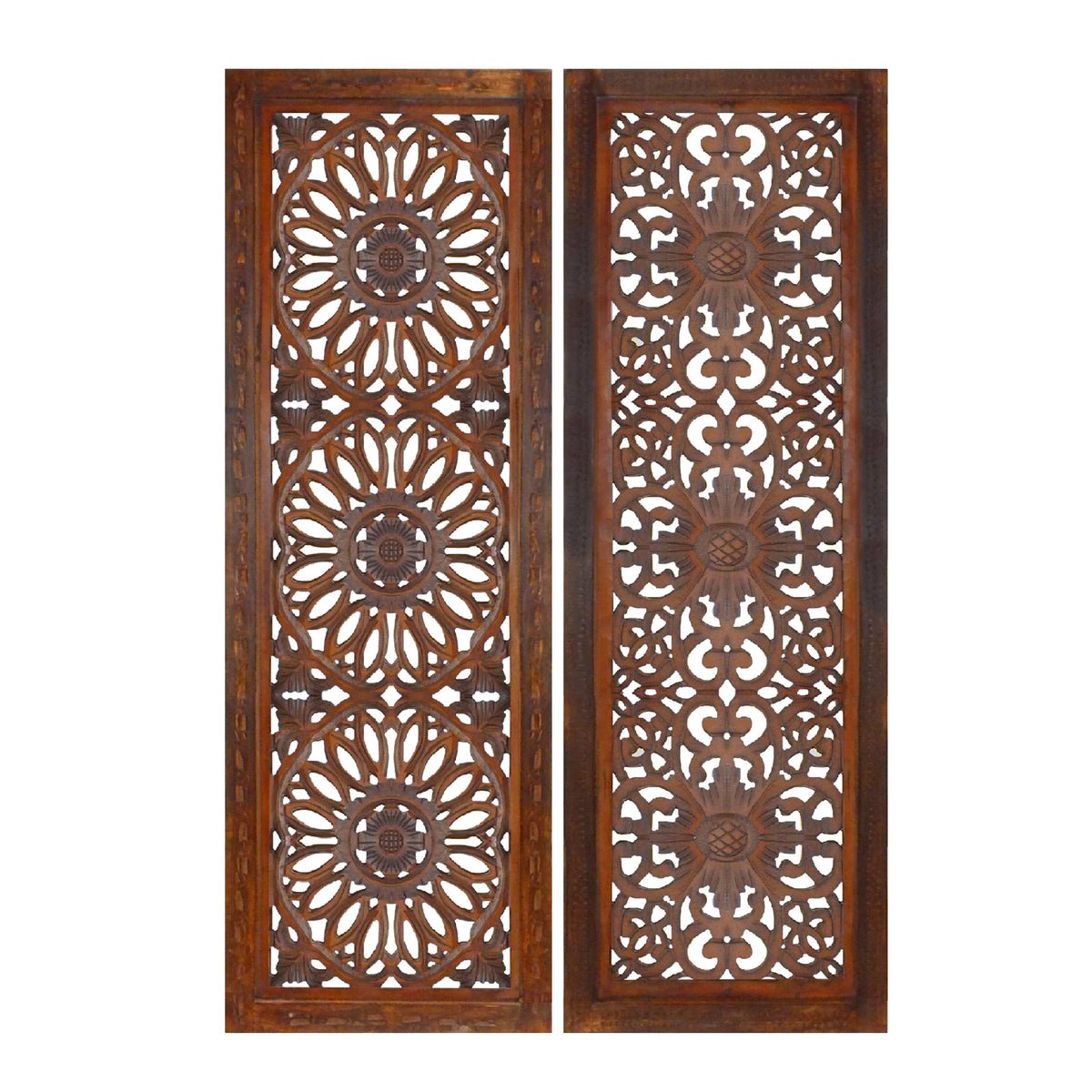 Mango Wood Wall Panel Set With Medallion Carving, Burnt Brown, 2 Piece