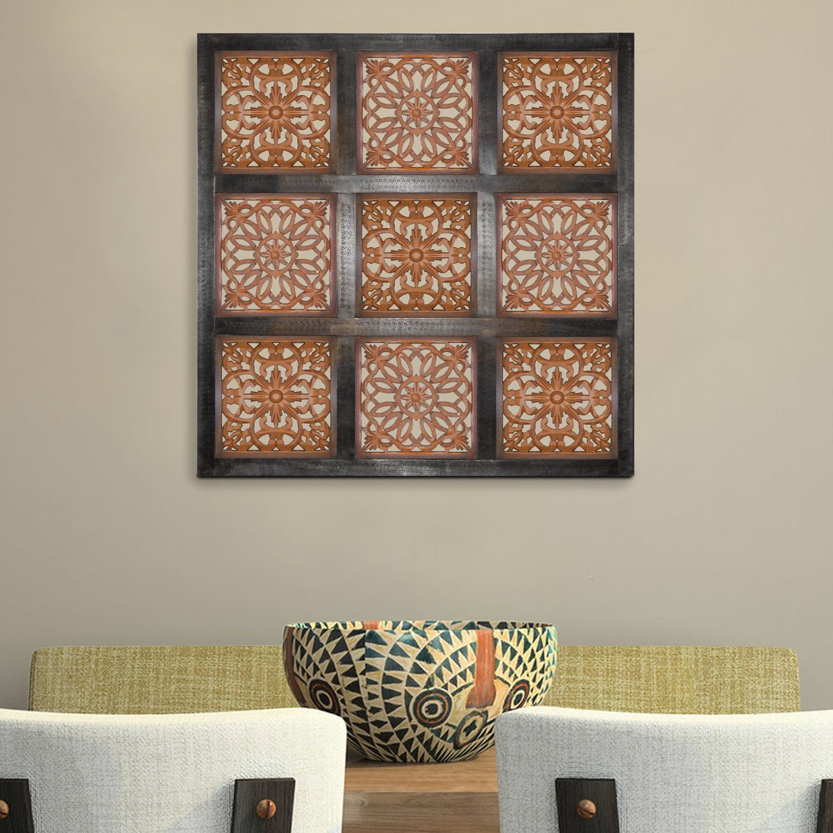 Decorative Mango Wood Wall Panel With Cutout Flower Pattern, Brown