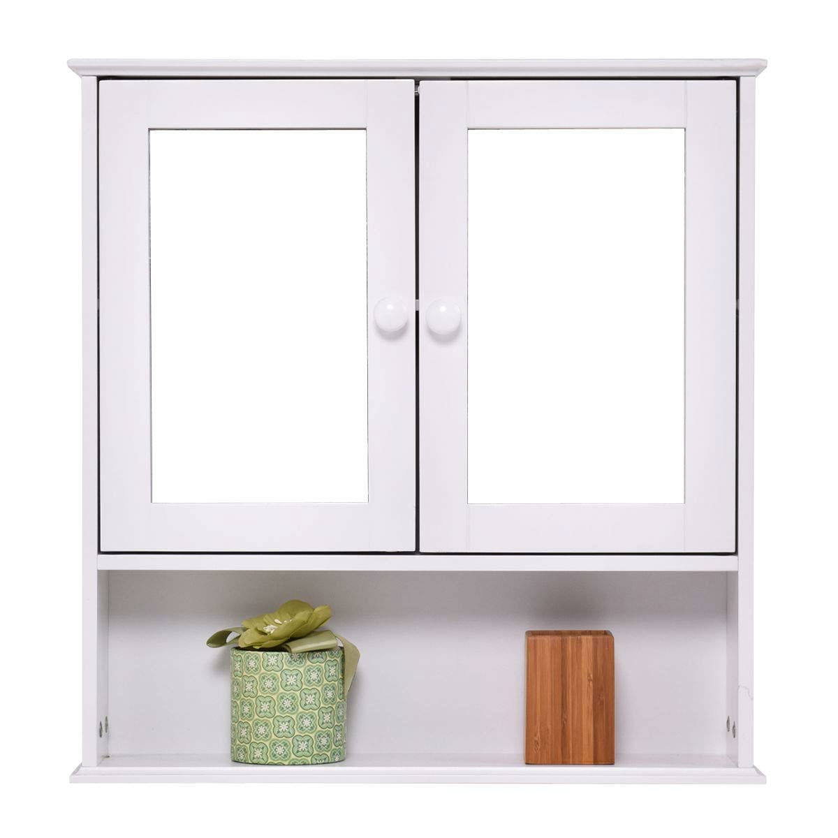 Simple Bathroom Mirror Wall Cabinet in White Wood Finish