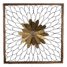 Metal Wall Decor With Wooden Frame And Leafy Flower, Bronze