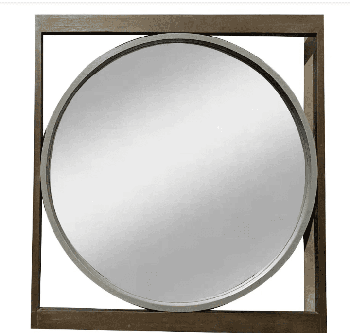 Round Wall Mirror With Rectangular Wooden Frame, Brown