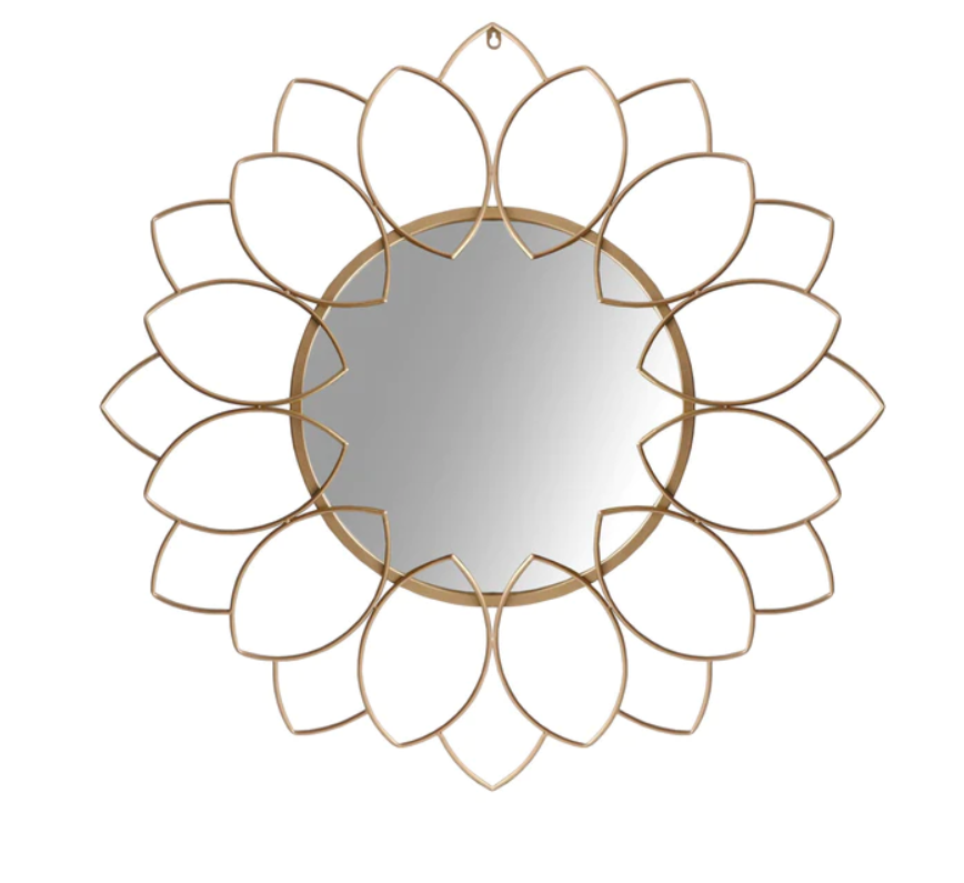 Round Metal Decor Wall Mirror With Oval Motif, Brown And Gold