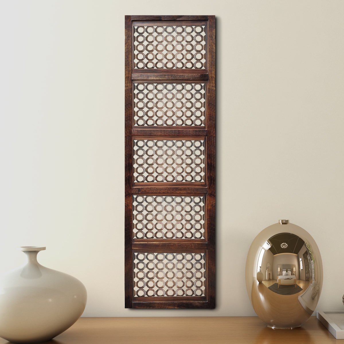 Decorative Mango Wood Wall Panel With See Through Circular Pattern, Brown