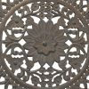 Handcarved Wooden Round Wall Art With Floral Carving, Distressed Brown