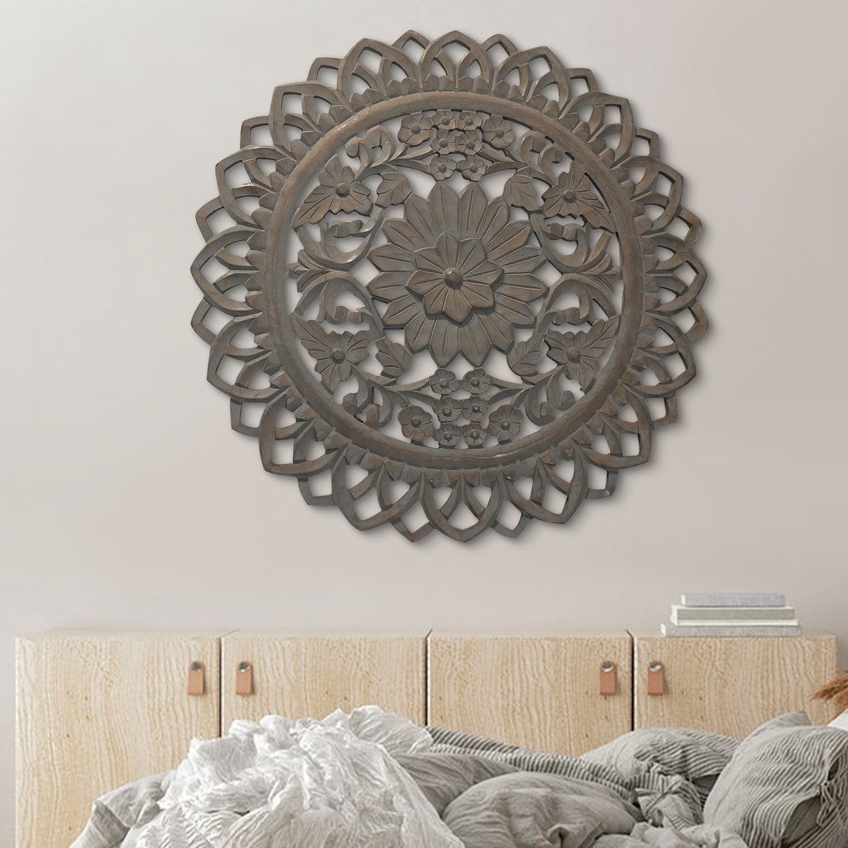 Handcarved Wooden Round Wall Art With Floral Carving, Distressed Brown