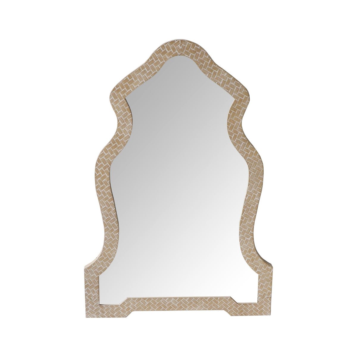 Scalloped Top Wooden Framed Wall Mirror With Geometric Texture, Brown